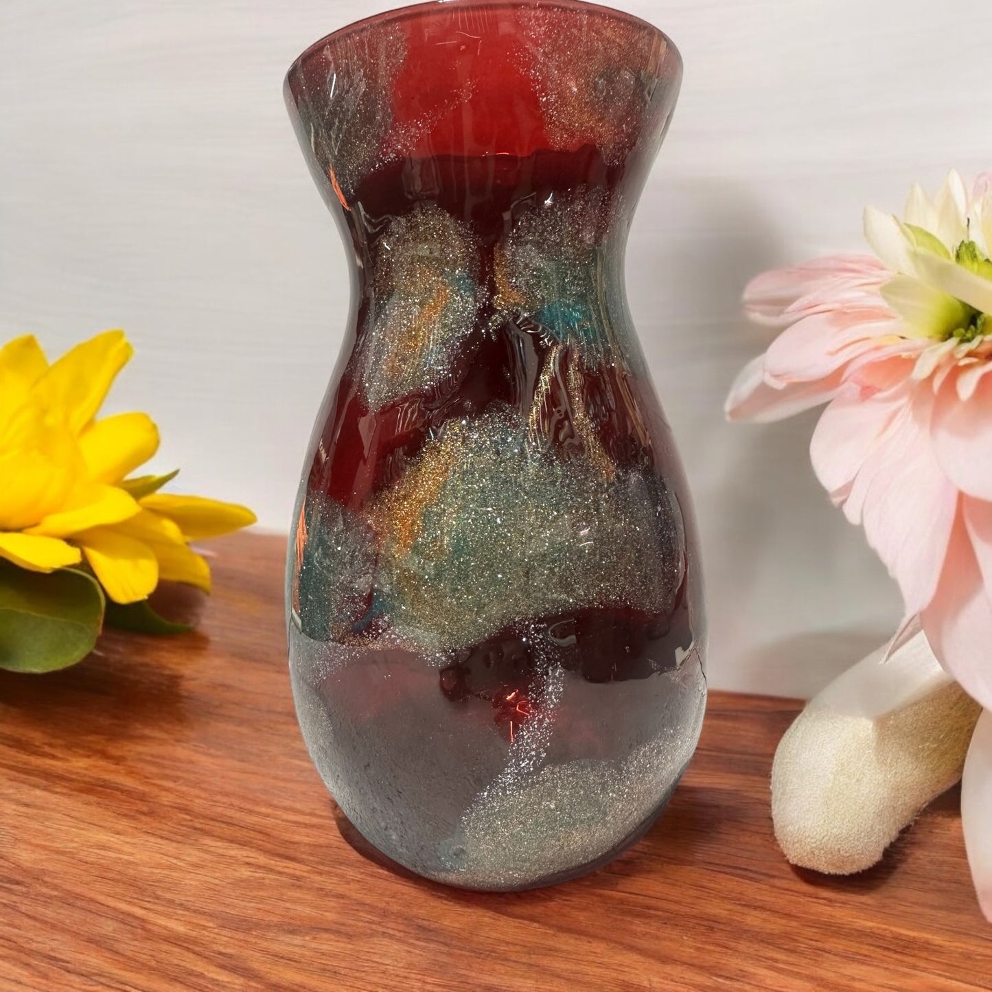 8 inch red vase with green and gold design