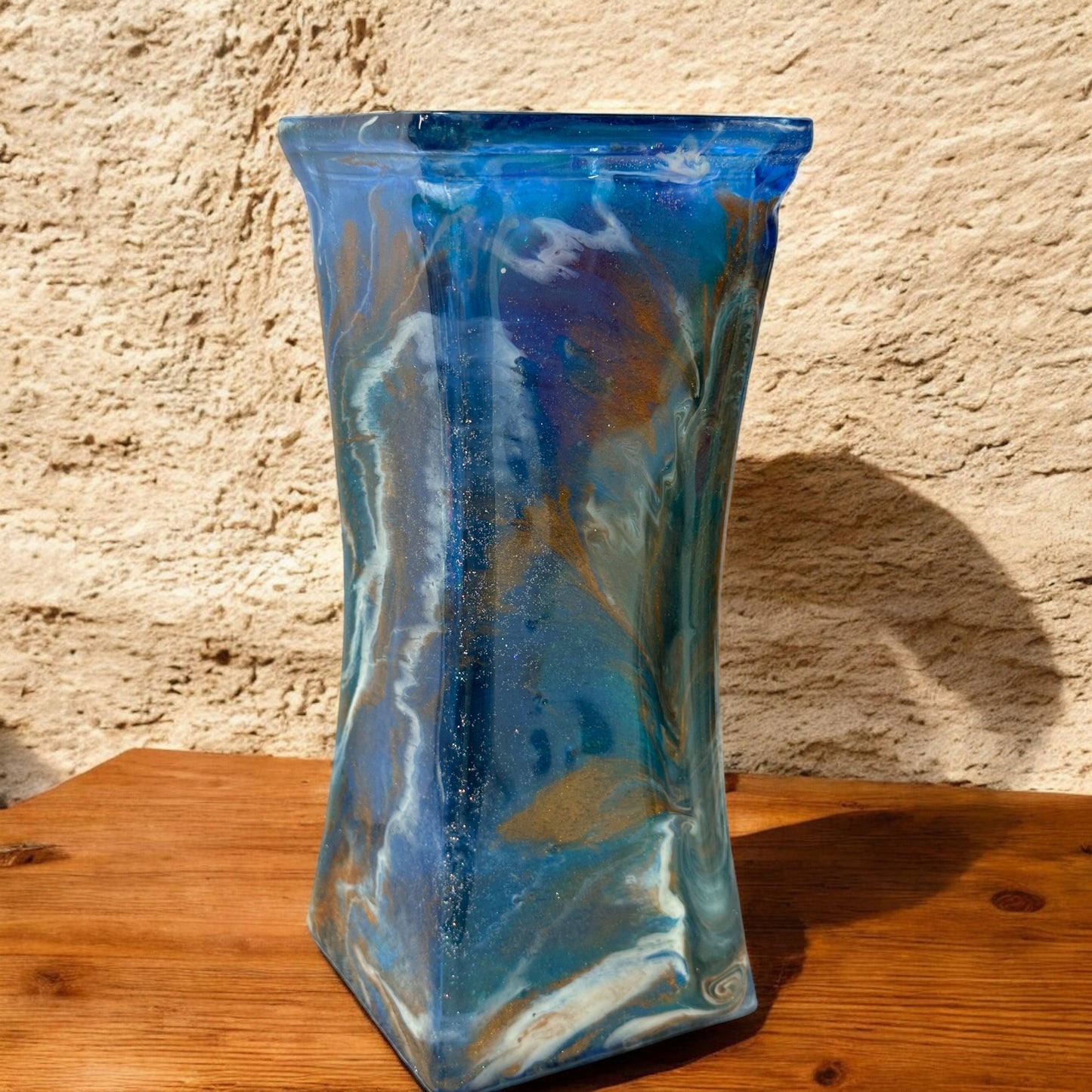 8.5 inch Vase boosting blues and cooper with unique square shape