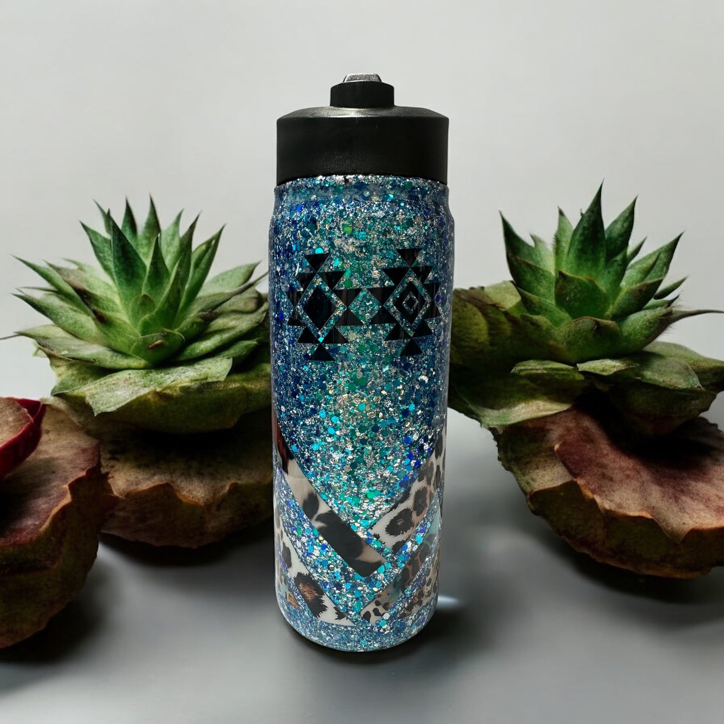 18 oz water bottle Stunning blue glitter with leopard and aztec design