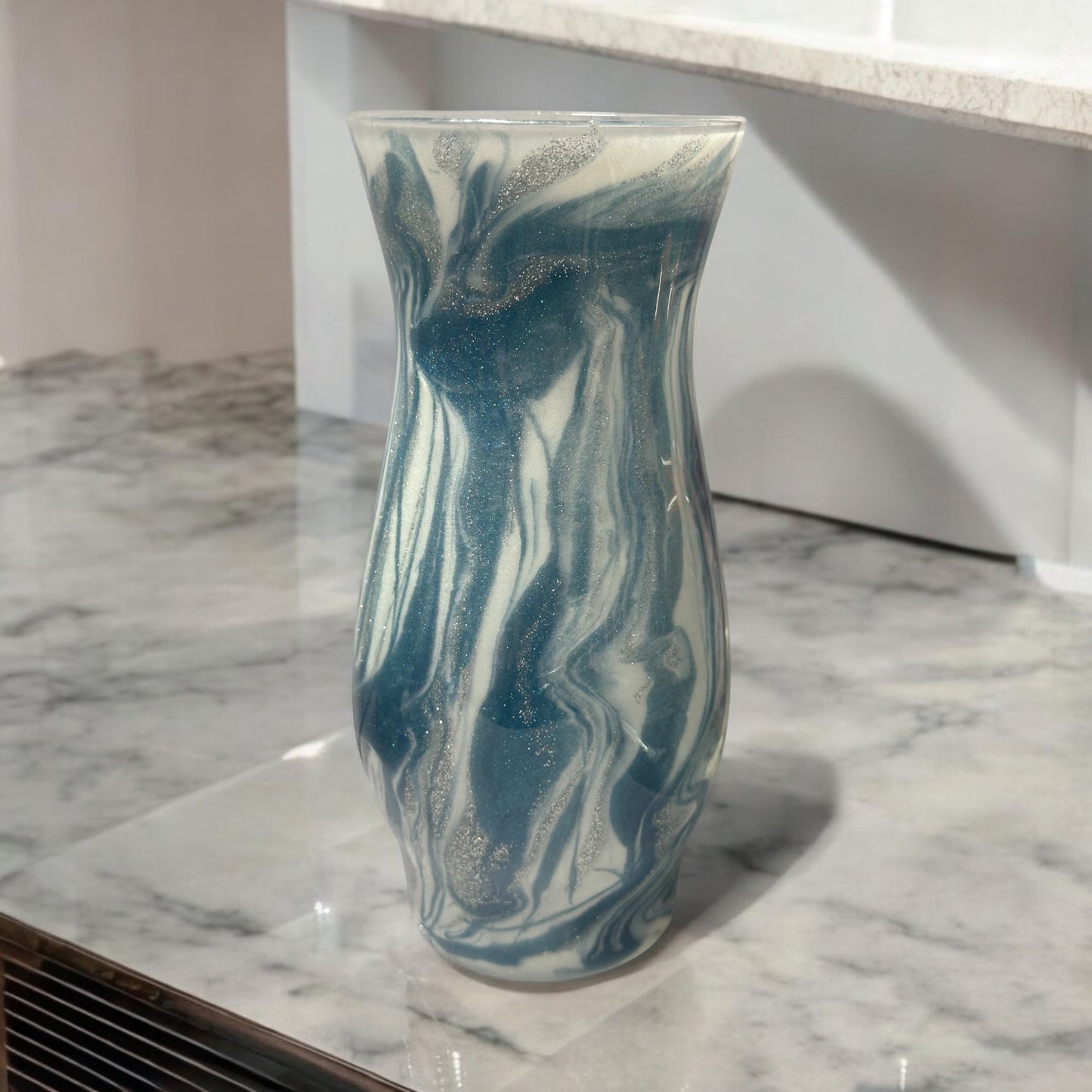 Blue, White and Silver 8.5 inch vase