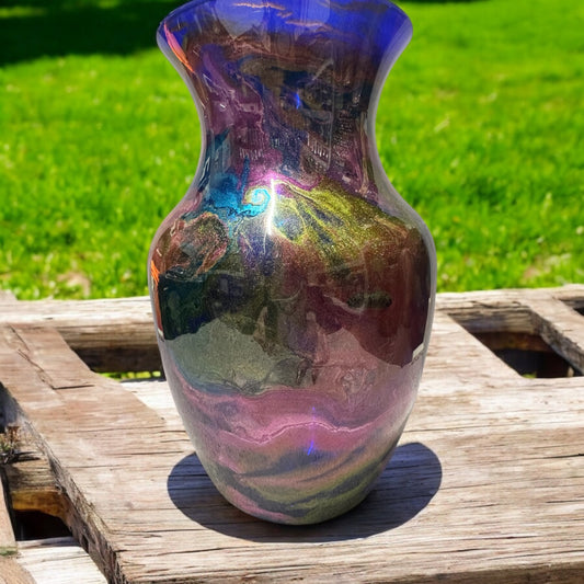 8 inch Blue Vase with stunning metalic colors