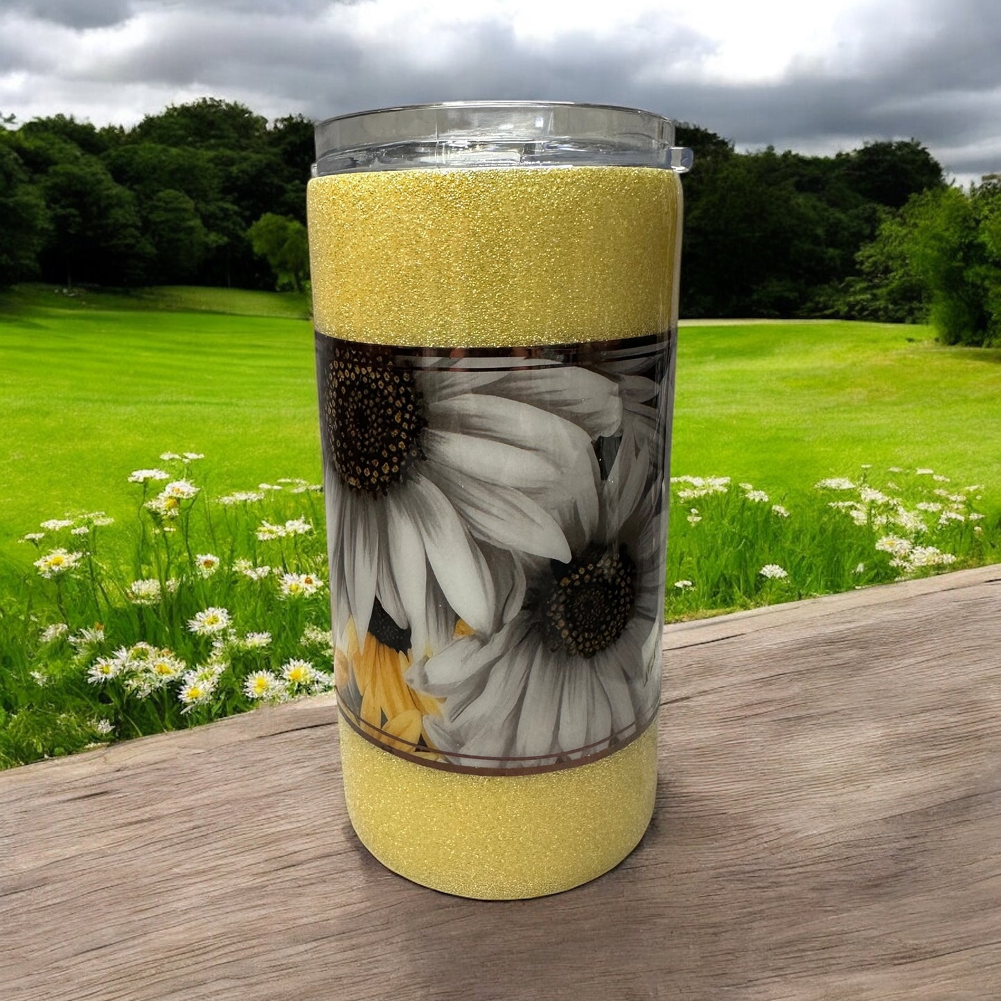 16 oz Sun flower with yellow glitter tumbler