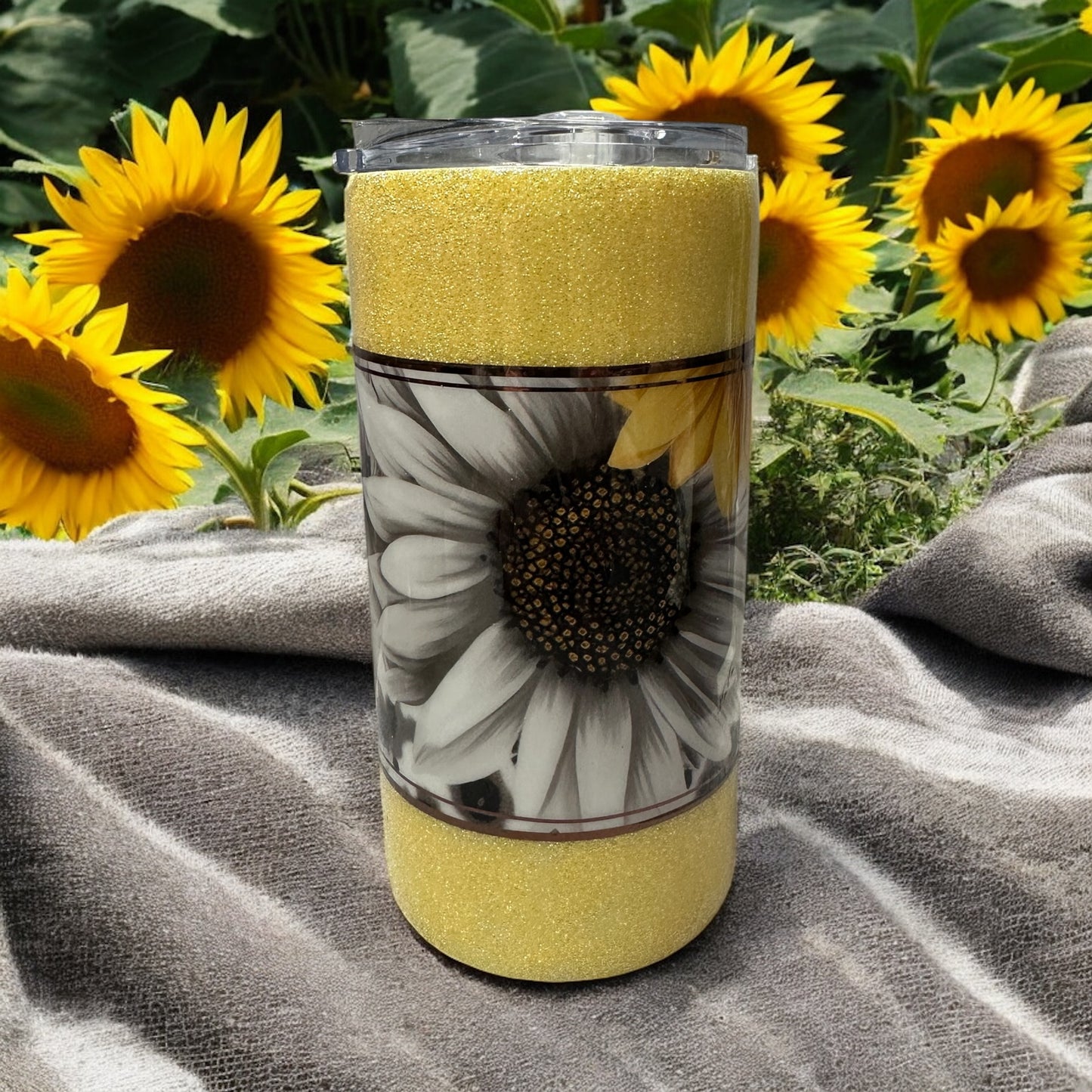 16 oz Sun flower with yellow glitter tumbler