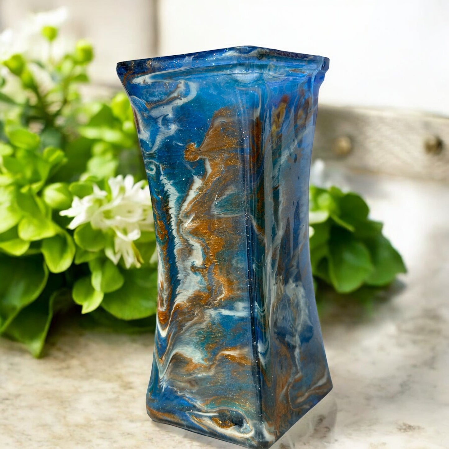 8.5 inch Vase boosting blues and cooper with unique square shape