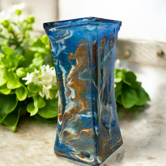 8.5 inch Vase boosting blues and cooper with unique square shape