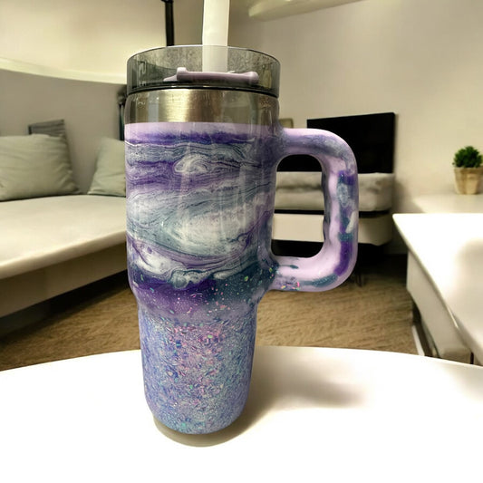 16 oz with handle Purple swirl and glitter tumbler