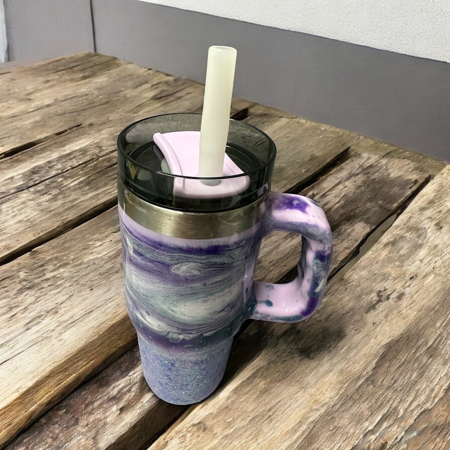 16 oz with handle Purple swirl and glitter tumbler