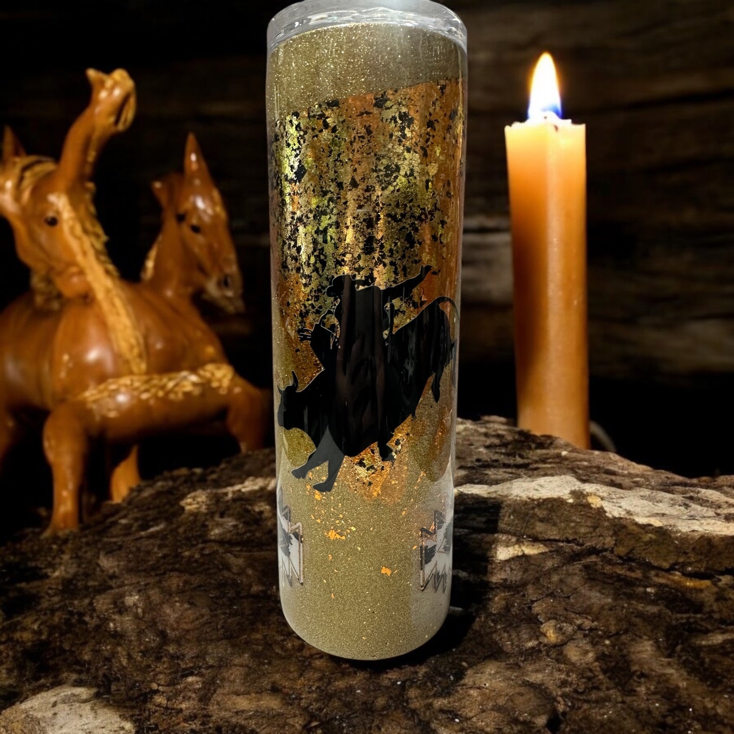 30 oz gold tumbler with cowboy riding bull