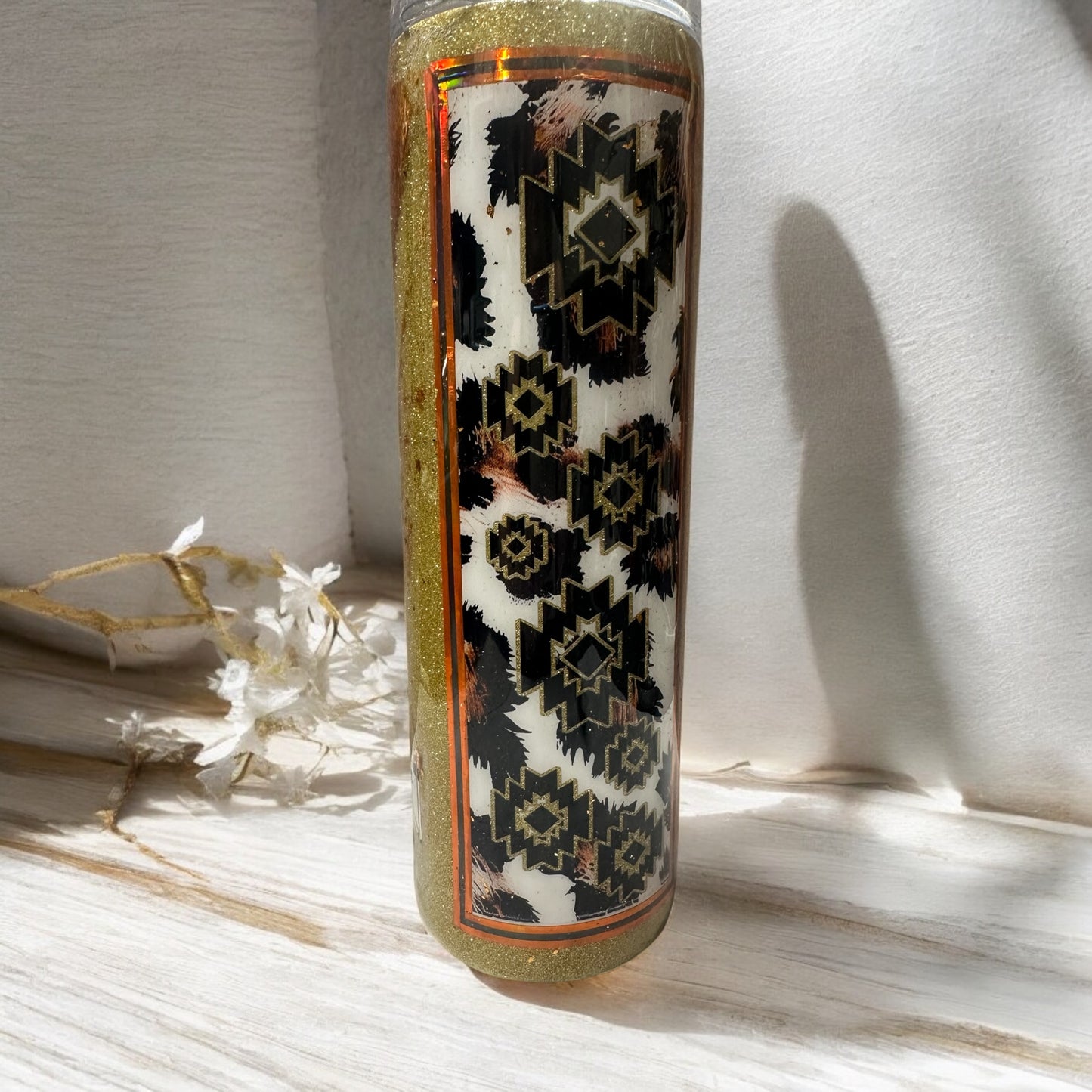 30 oz gold tumbler with cowboy riding bull