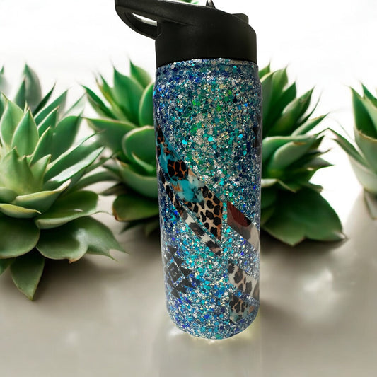 18 oz water bottle Stunning blue glitter with leopard and aztec design