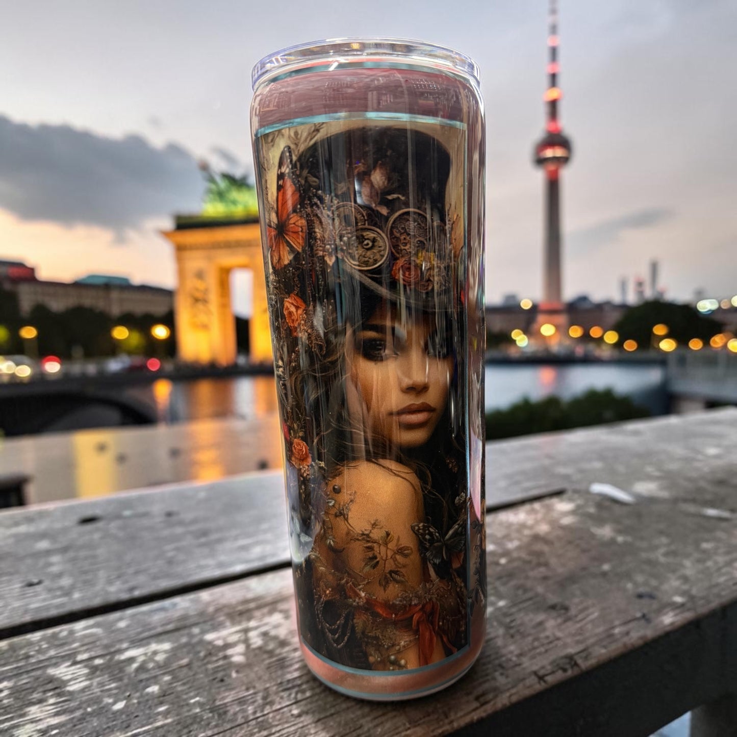 20 oz Girl with hat and steampunk design tumbler