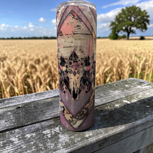 30 oz with handle tumbler Cow skull and stunning pink design