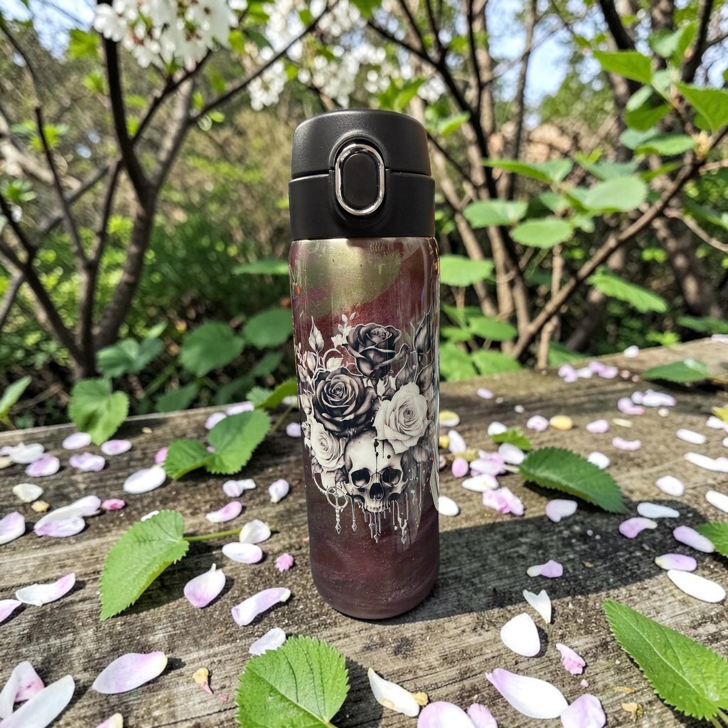 16oz Pop up lid water bottle with Roses and Skull