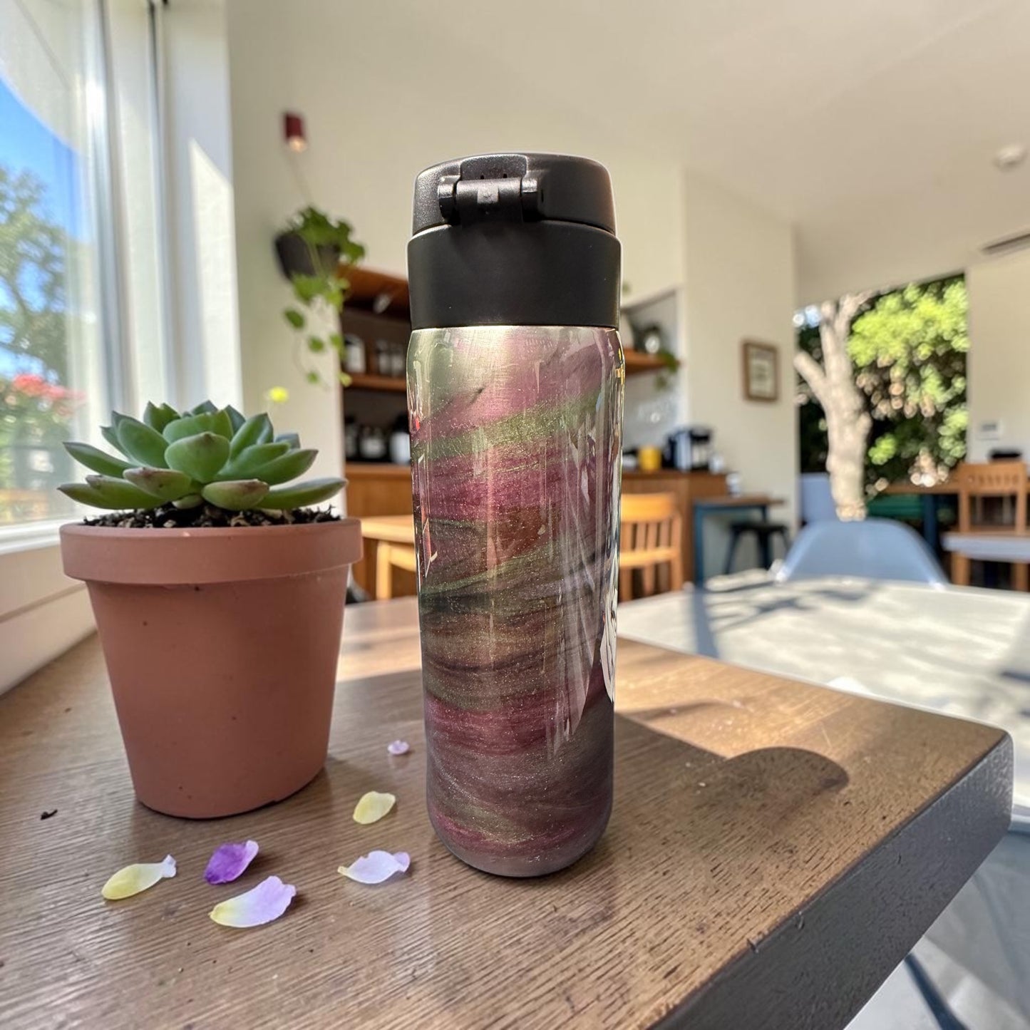 16oz Pop up lid water bottle with Roses and Skull