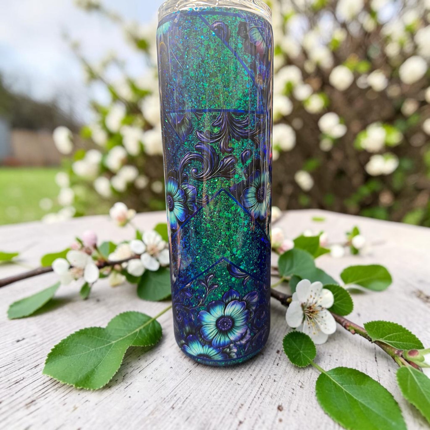 30 oz Color shifting glitter and flowers tumbler