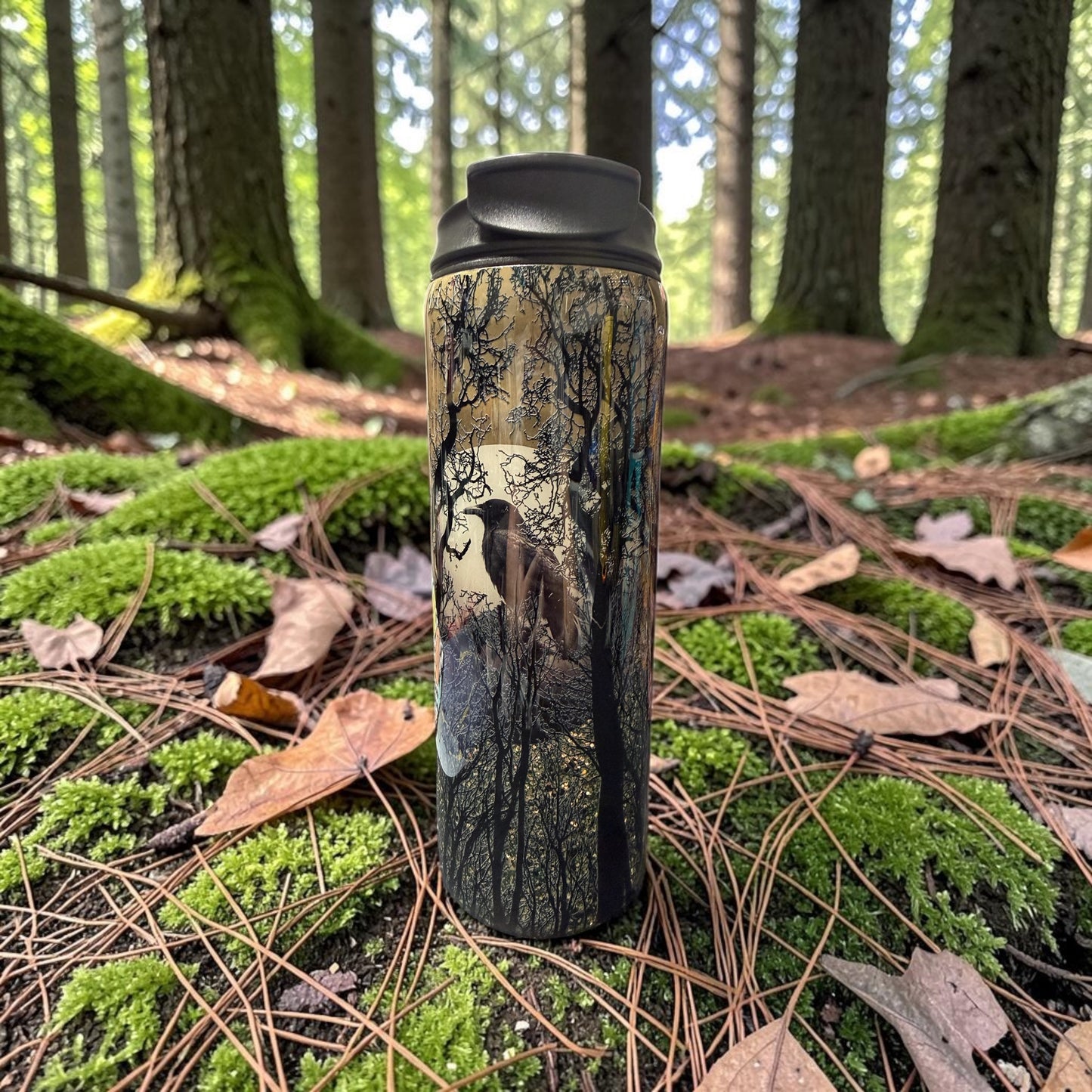 20 oz Crow and Moon in forest tumbler