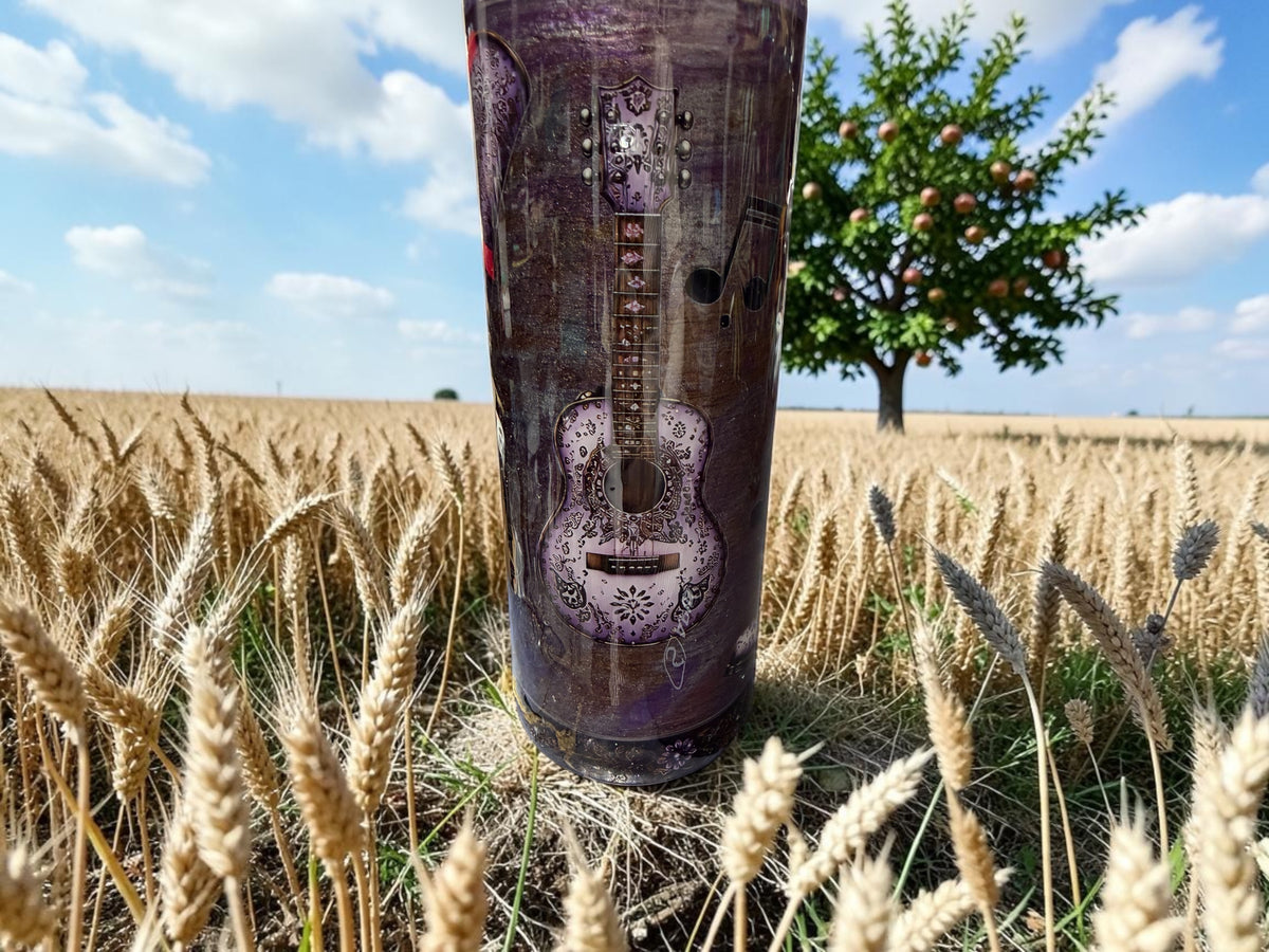 20 oz flip top Cowgirl hat and guitar tumbler