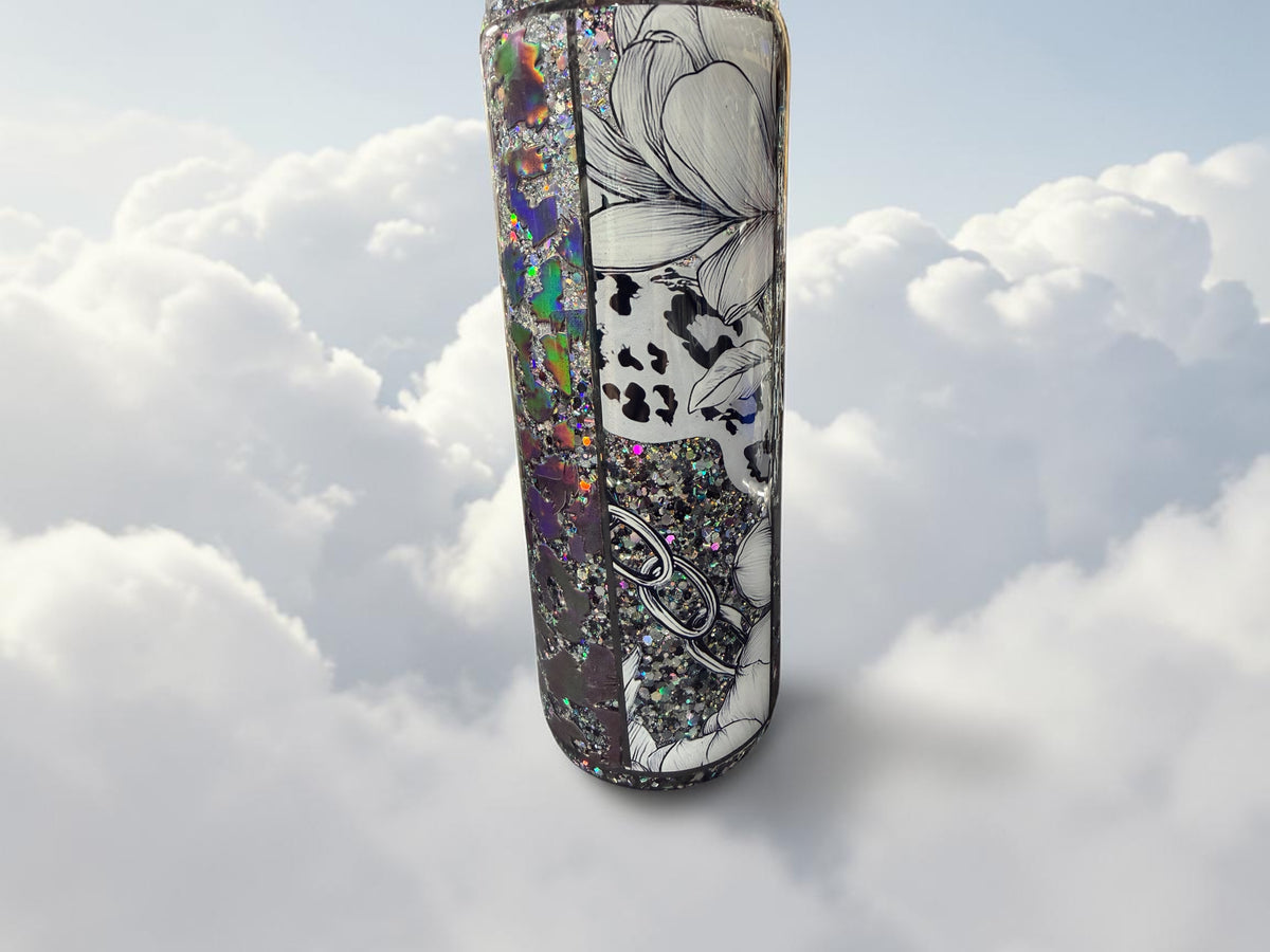 20 oz white and silver flower and leopard design